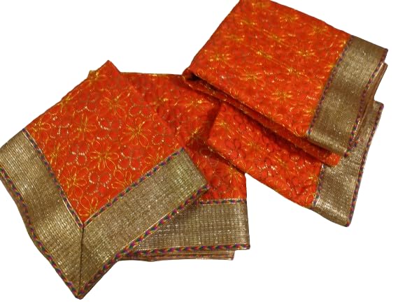 Lakshmi Maa Collection Rumala Double Set with Skin with 3D Orange & Golden Flowers with Golden Outline,Golden Gota & Designer (4 PEC.)