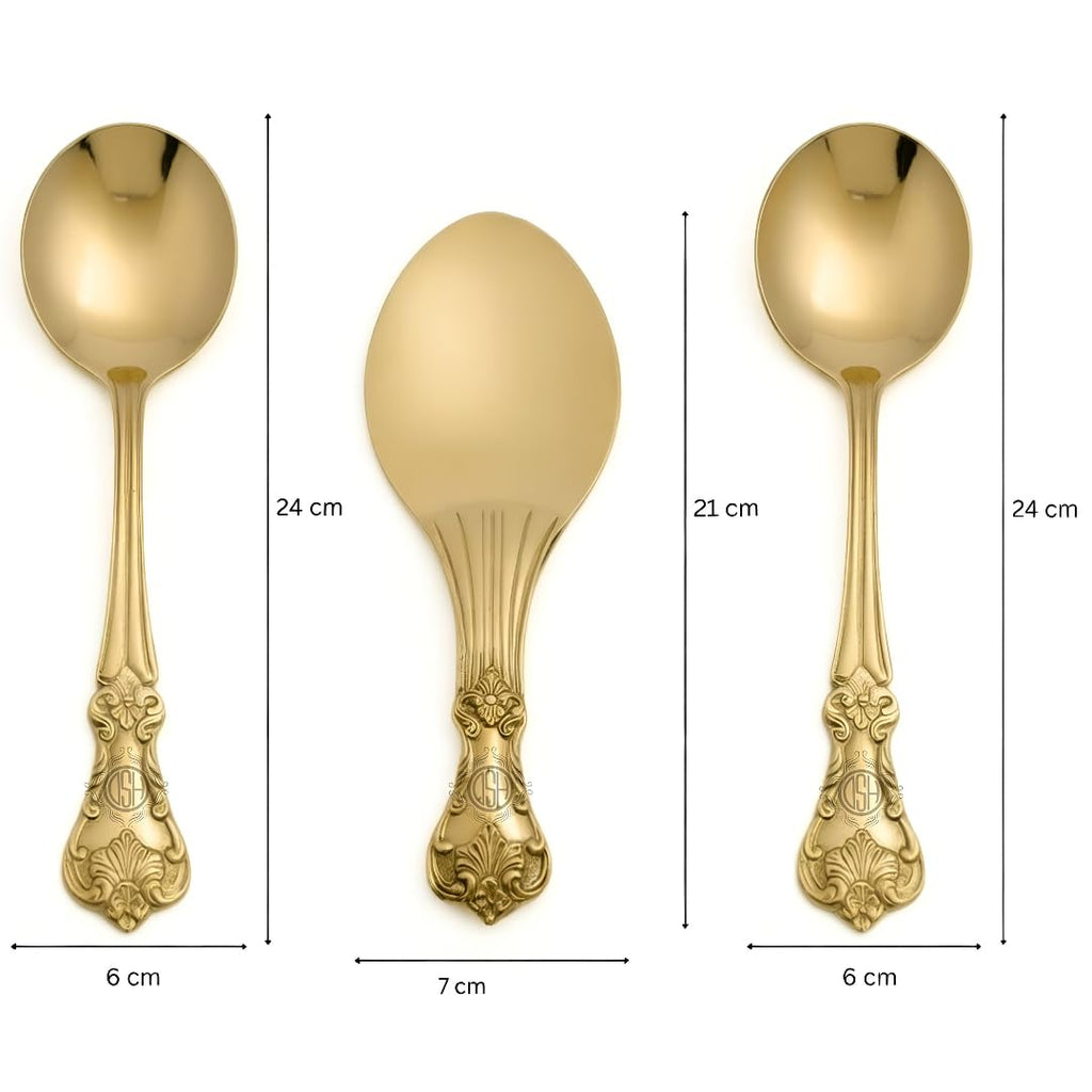 DSH Pure Brass Spoon Set of 3 Cooking and Serving Spoon Set Embossed Design for Home Hotel and Restaurant.