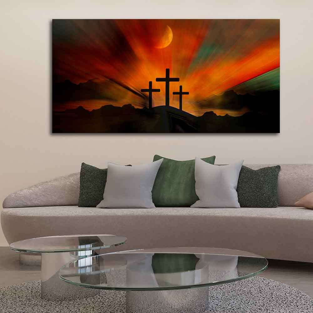 VIBECRAFTS Canvas Paintings for Living Room Drawing Room Three Cross Silhoutte Canvas Wall Painting Fitted With Wooden Frame For Home | Office | Living Room | Gifts (PTVCH_2540)