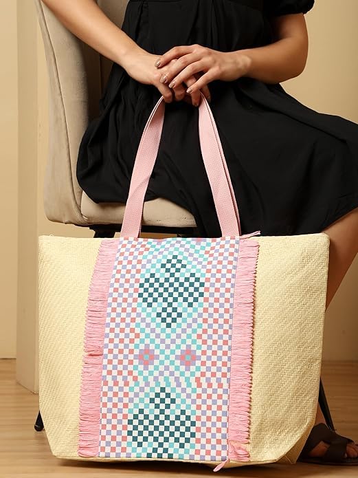 ASIAN Beach Tote Bag with Rope Handles For Women & Girls Beige with Pink Palm Print | Large Shoulder Bag, Stylish Designer Handbag, Lightweight, Perfect for Office Bag, College Bag & Shopping Use