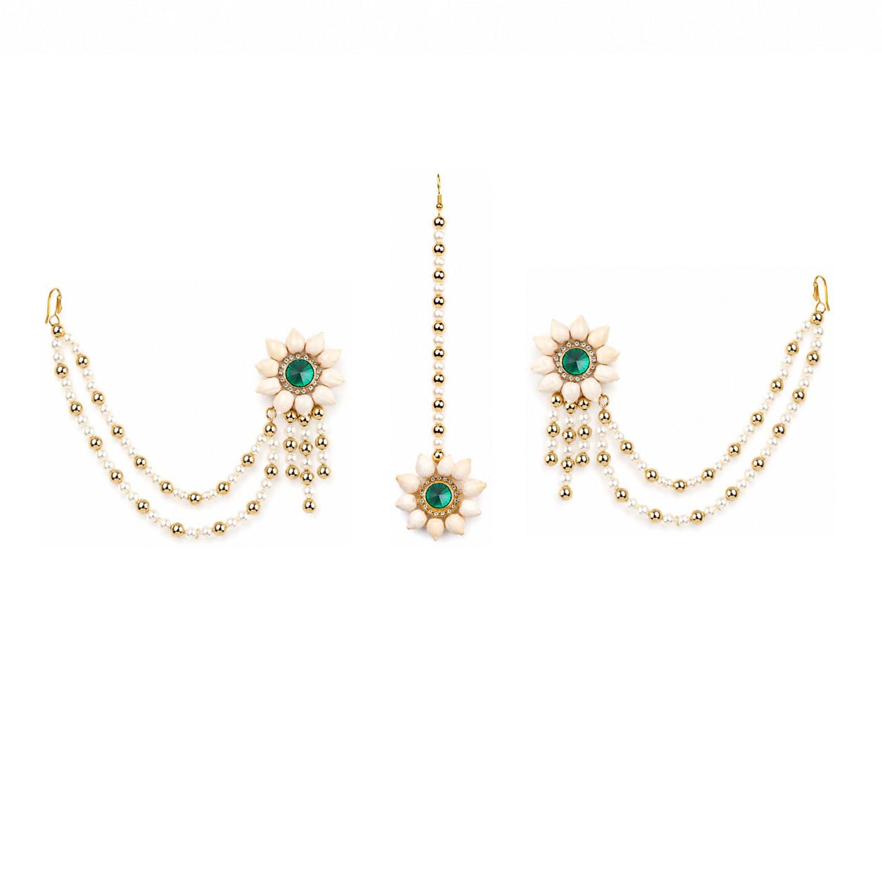 Anuradha Art Jewellery Beautiful Mogra flower Jewellery Combo Set With Green Stone | Handmade Maharashtrian Floral Jewellery | Haldi, Mehendi, Wedding, Festival & Bridal Wear |For Baby Shower | For Womens & Girls.