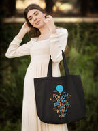 TheYaYaCafe Printed Canvas Cotton Black Tote Bag with Zipper for Womens, Tote Bag for College (Follow Your Dream)
