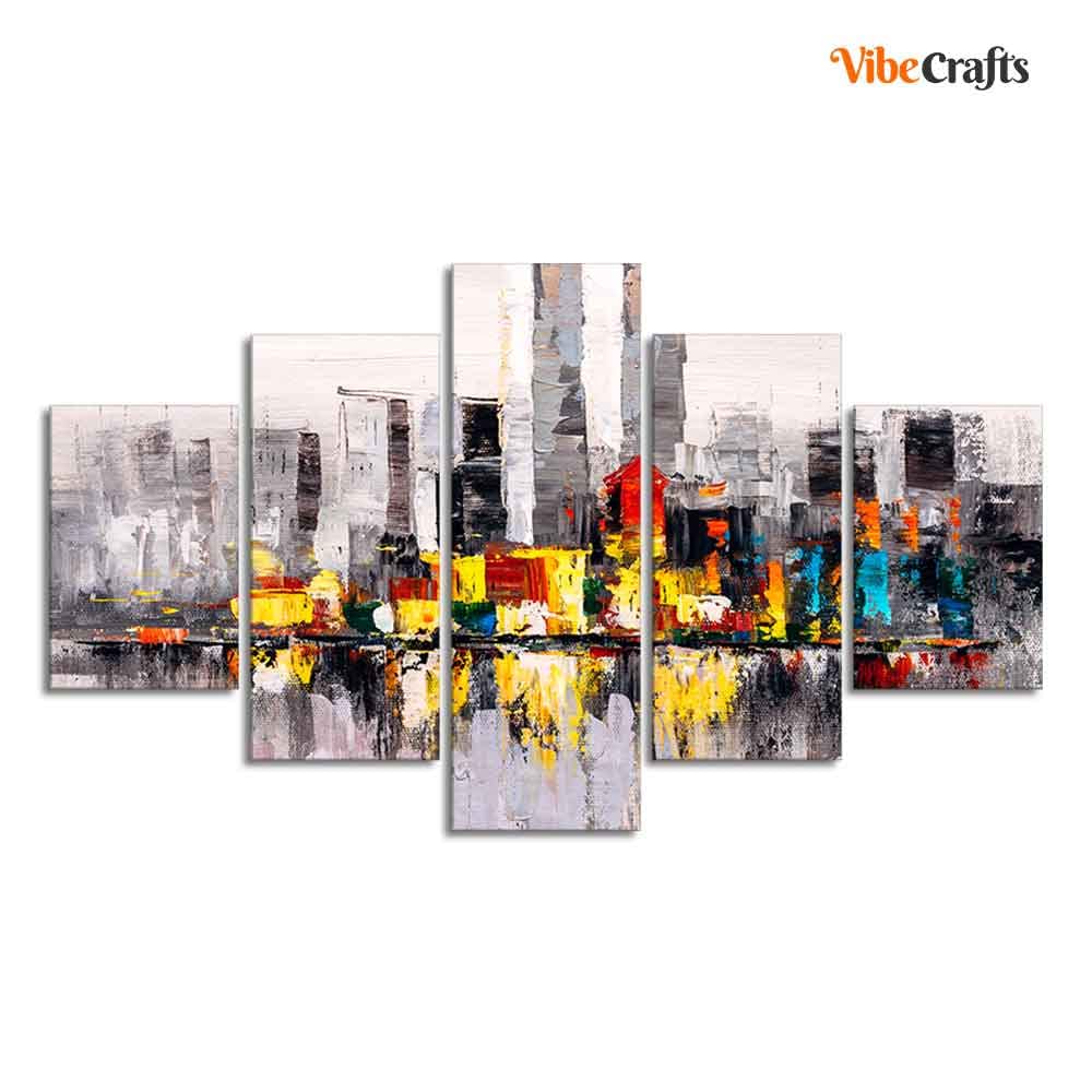 VIBECRAFTS Abstract Wall Painting Skyline of New York City Five Pieces For Home|Office|Living Room|Gift (PTVC5Pcs1_5514)