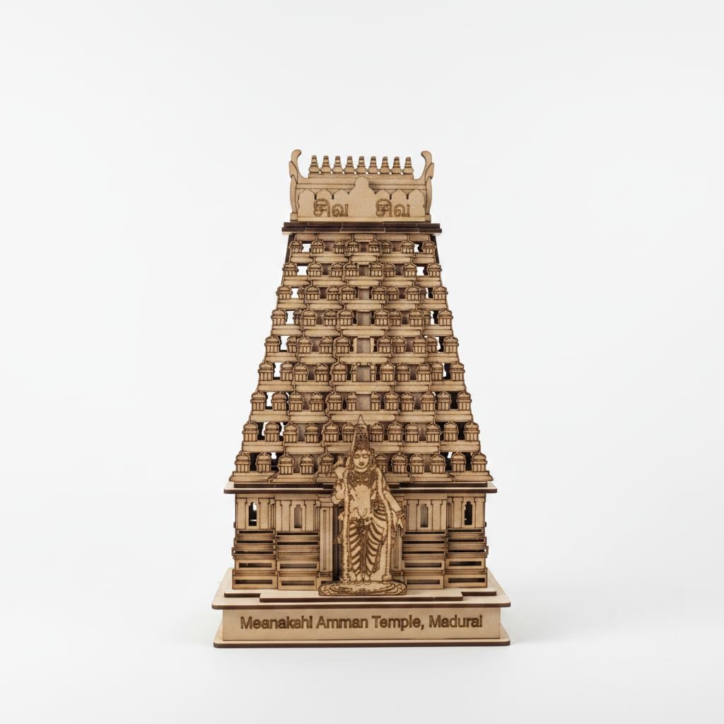 QUEENS CANVAS Wooden Meenakshi Amman Temple Madurai 3D Model, Decorative Showpiece, 18x10x30 cm