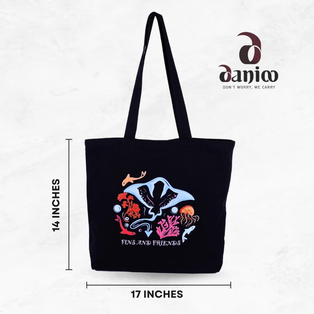 DANIOO Large Black Cotton Canvas Tote Bag for Women with Zipper, Inner Pocket and Bottle Holder