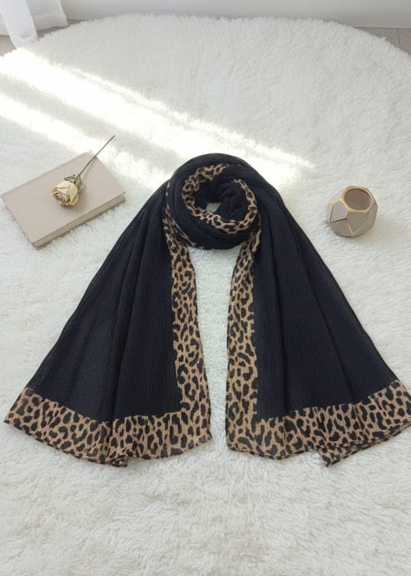 Women's Stole with Leopard Print Border, Black, Hijab Wrap Scarf Stole for women and Girls