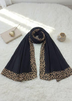 Women's Stole with Leopard Print Border, Black, Hijab Wrap Scarf Stole for women and Girls