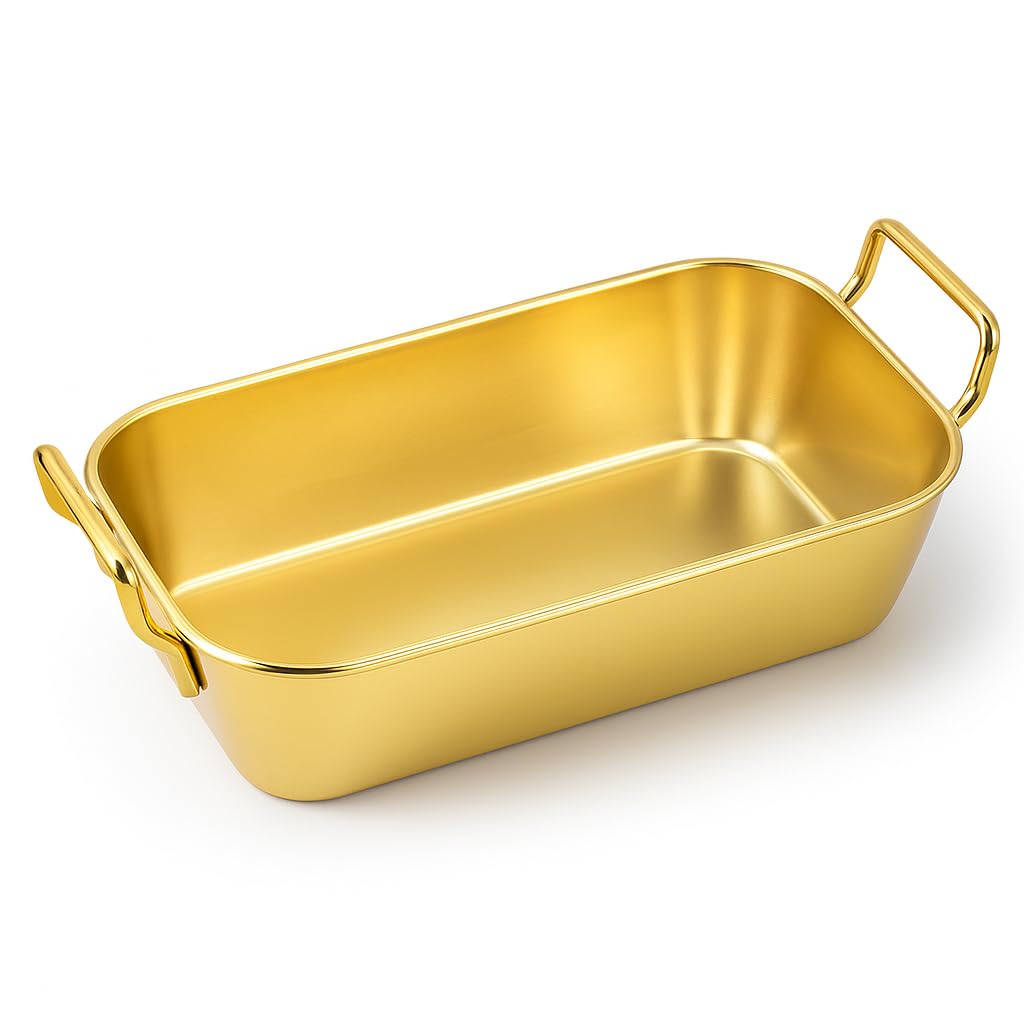 Snevad Stainless Steel Golden Serving Tray for Tea Snacks Coffee Table Decorative Dining Center Organizer for Cakes Pastries Breakfast Party Rust Proof Kitchen Dinnerware Platter (Golden Snacks Tray)