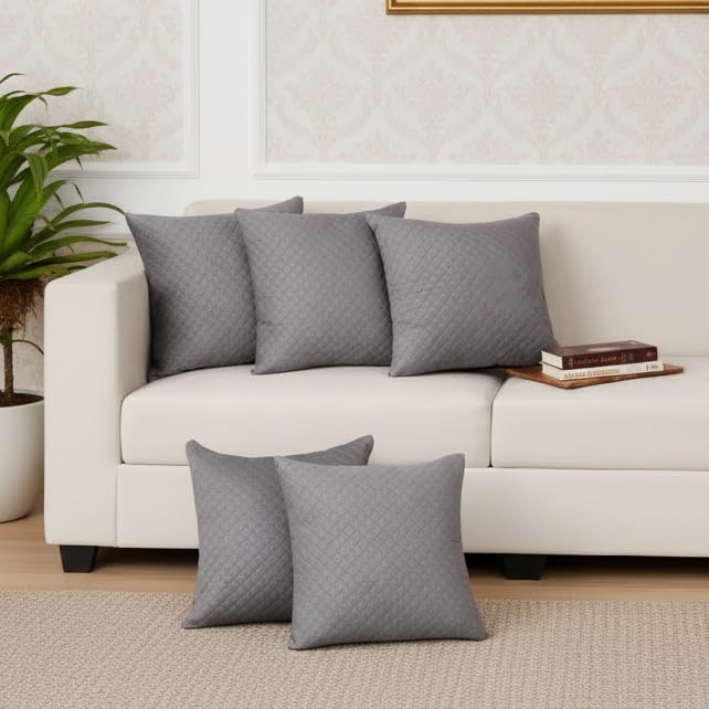 STITCHNEST Quilted Velvet Cushion Covers Set of 5 | Soft Grey | 12x12 Inches | Premium Sofa & Living Room Décor