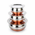 GlamourShop Steel Magic Copper Bottom Handi/Urli Set, Cookware Set Induction Bottom Cookware Set, Stainless Steel, Copper Handi Set of 3 (800, 1100, 1600 ML)