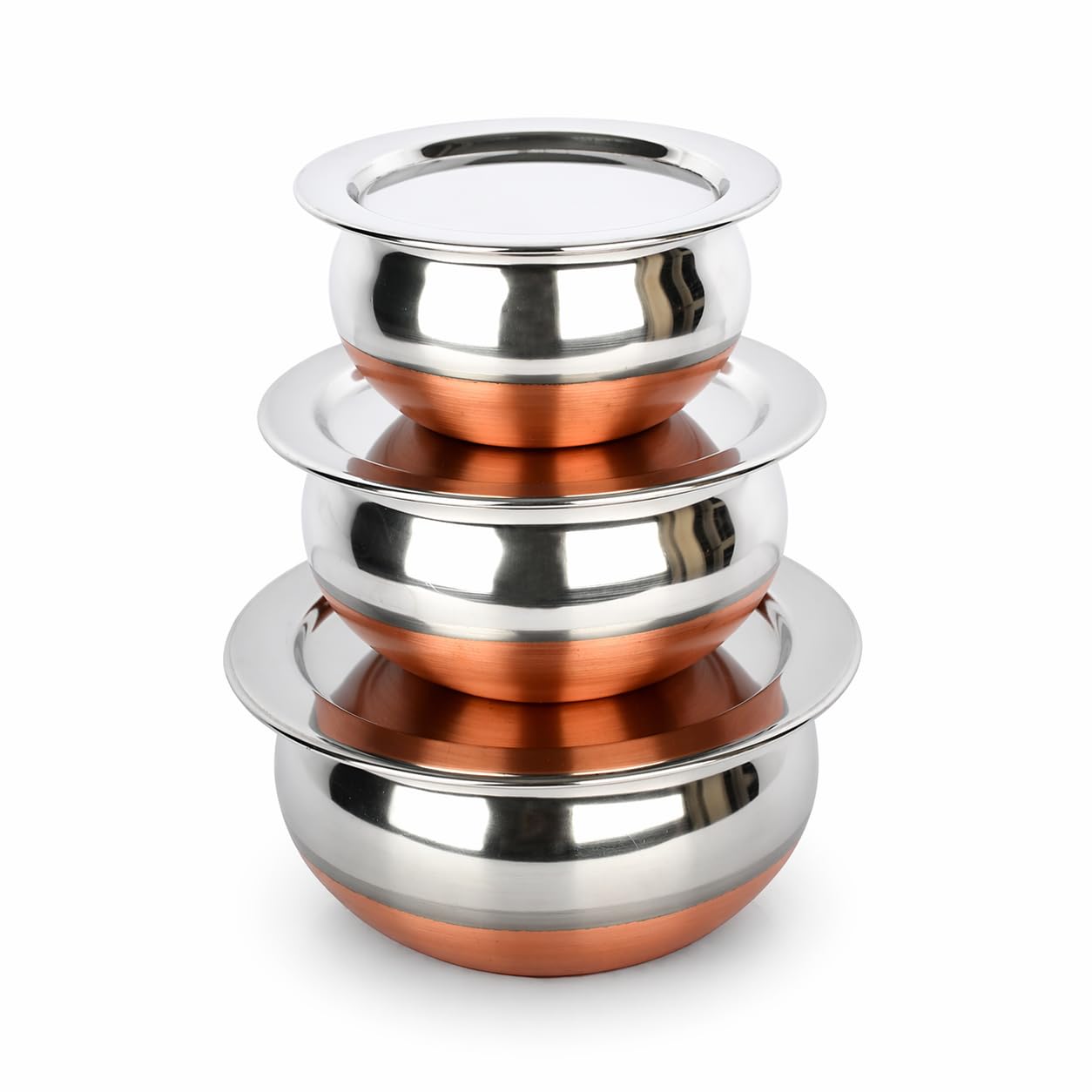 GlamourShop Stainless Steel Copper Base Serving Bowls Handi Set of 5 Pieces, Handi Set with Serving Bowl Set/Cookware Set/Sauce Pot and Handis (3, Free)