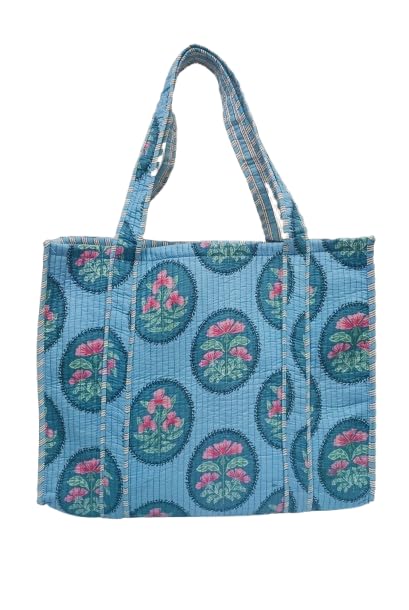 HOUSE OF GULAB Tote Bag for Women Cotton Canvas Tote Bag with Long Handle & Inside Pocket Reusable Shopping Bag Shoulder Carry Bag Eco Friendly Cloth Tote College Office Handbag (Sky Blue & Pink)
