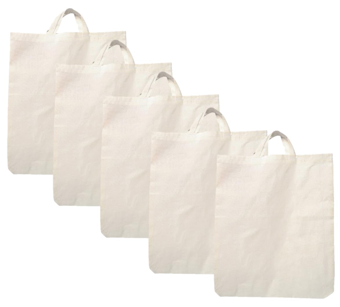 LUSKA Cotton Grocery Shopping Bags (Pack of 5) | with Handles | Hold 6 kg | 13 x 15 | White Hand-Made Reusable Eco Friendly Biodegradable Jhola Bag | Grocery Bags for Shopping | Gift Bags