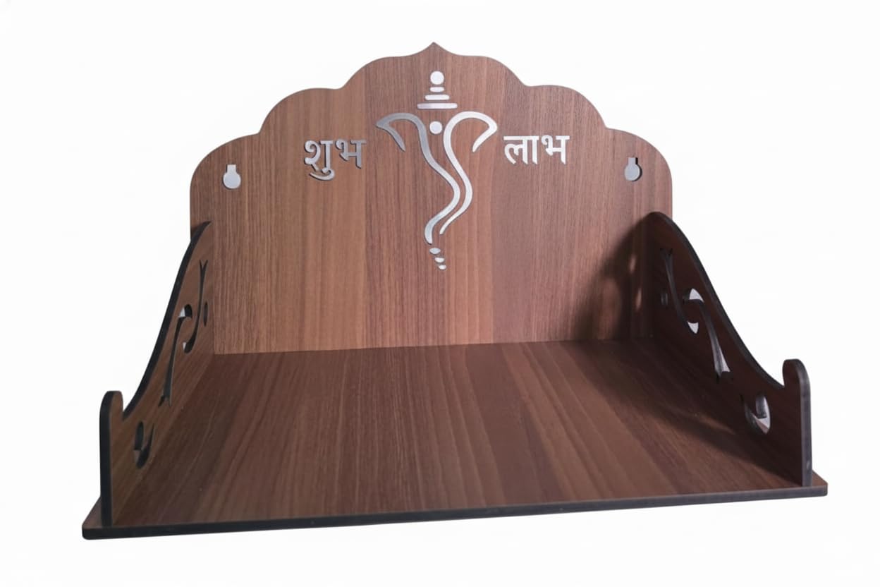Bindian Wooden Home Temple/Mandir for Wall | Shubh Labh Ganesha Motif | Pre-Laminated 4.2mm MDF | Pooja Mandap for Wall Mount & Table Top | Ideal for Small Spaces