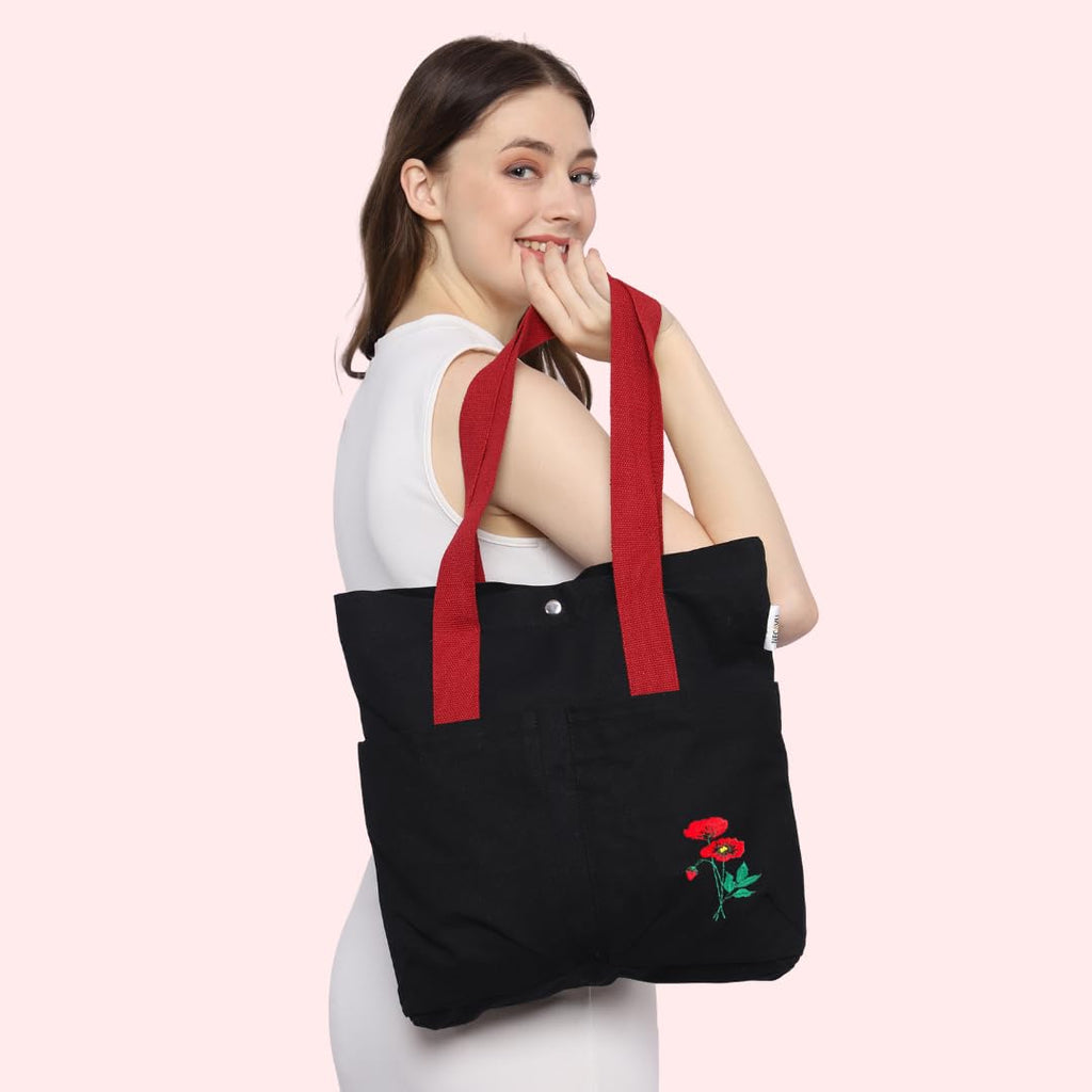 NECAVU Canvas Tote Bag for Women | Aesthetic Canvas College Bag for Girls with Inner & Outer Pockets | Cotton Utility Women Handbags for Shopping, Travel & Daily Use | (Black, Red Handle)