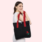 NECAVU Canvas Tote Bag for Women | Aesthetic Canvas College Bag for Girls with Inner & Outer Pockets | Cotton Utility Women Handbags for Shopping, Travel & Daily Use | (Black, Red Handle)