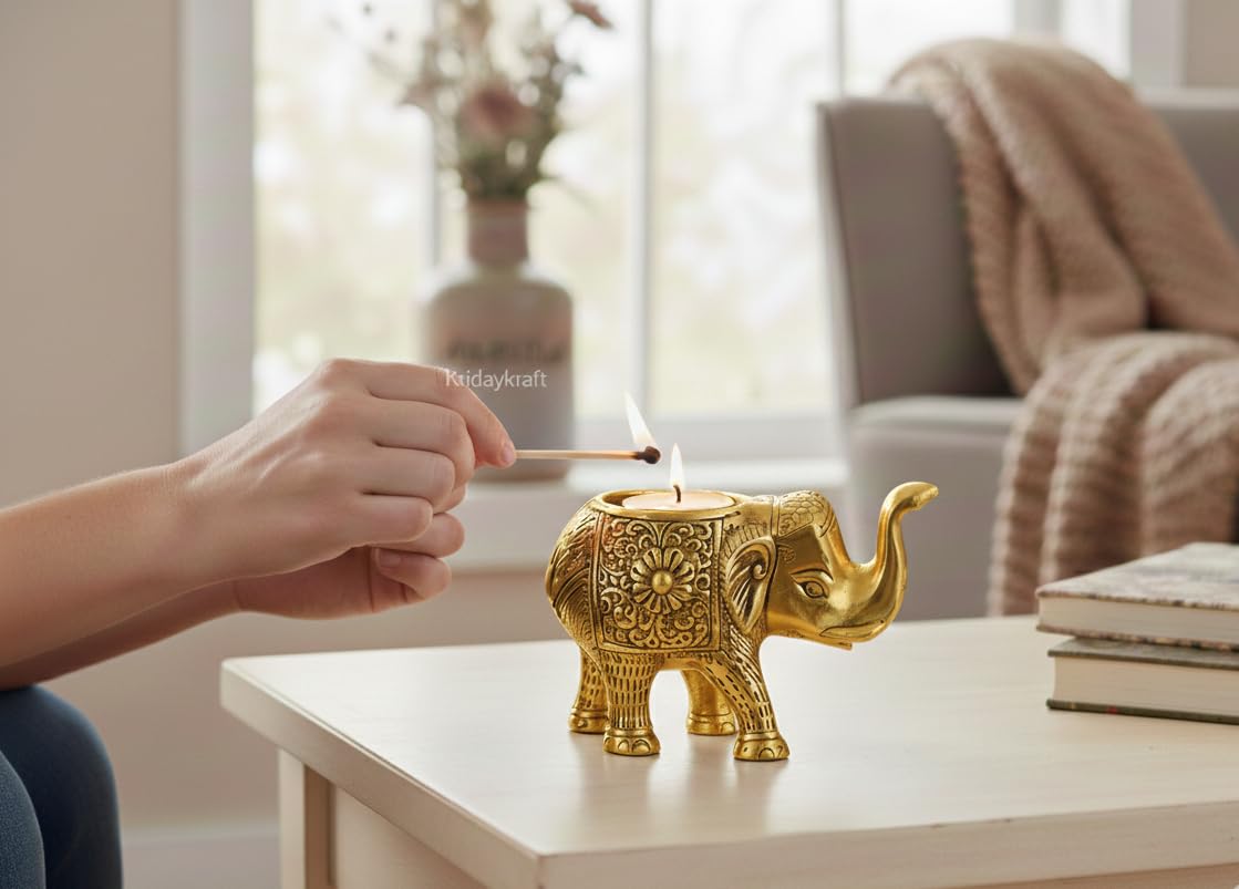 Kridaykraft Decorative Metal Trunk-Up Elephant – Multi-Purpose Small Flower Vase, T-Light Holder, and Stationery Organizer for Living Room and Office – Elegant Gold Elephant Statue for Good Luck