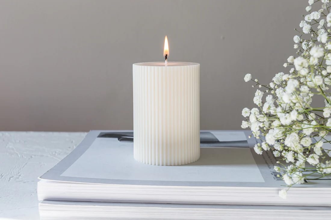 atorakushon Soy Wax Pillar Candle Set of 3 Pcs Ribbed Scented Pillar Candles 2x3''inches for Home Decor Diwali Wedding Valentine Church x-Mass (White)