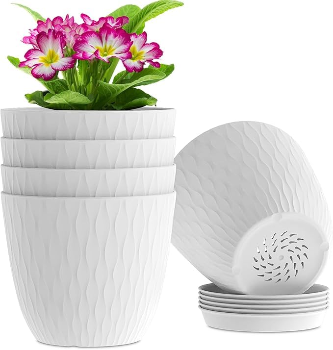 StyleX Store Plastic Round Flower Pots with Drainage Hole Saucers | Durable Outdoor Indoor Wave Pattern Planters with Tray | Plant Containers for Garden, Office, Balcony and Home (Set of 5, White)