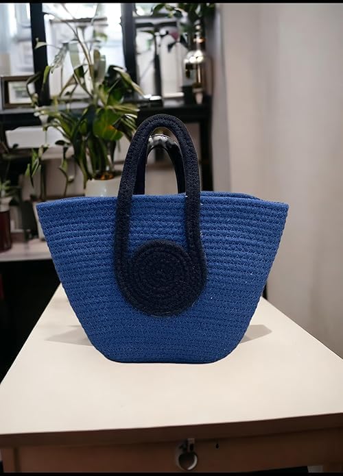 BEAUTIFUL HOMMIES Attractive Hand Bag | large Tote Bag | Summer Bag | Bucket Bag | Basket Bag | Bamboo Tote | Beach Bags for Women | Boho Bag | Handbag | jute Bag | Handmade Bag| (BLUE-BLACK)