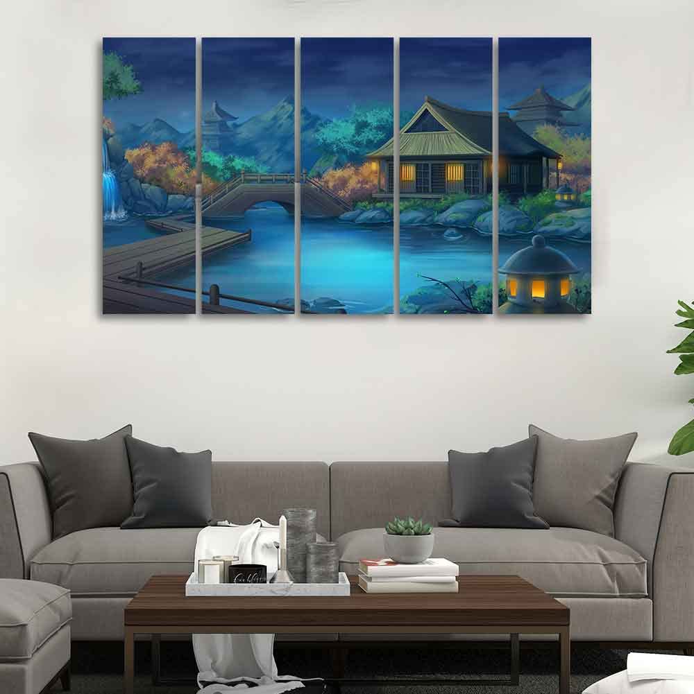 VIBECRAFTS Beautiful Japanese Courtyard at Night Canvas Wall Painting of Five Pieces For Home|Office|Living Room|Gift (PTVC5Pcs4_8692)