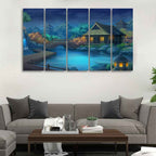 VIBECRAFTS Beautiful Japanese Courtyard at Night Canvas Wall Painting of Five Pieces For Home|Office|Living Room|Gift (PTVC5Pcs4_8692)