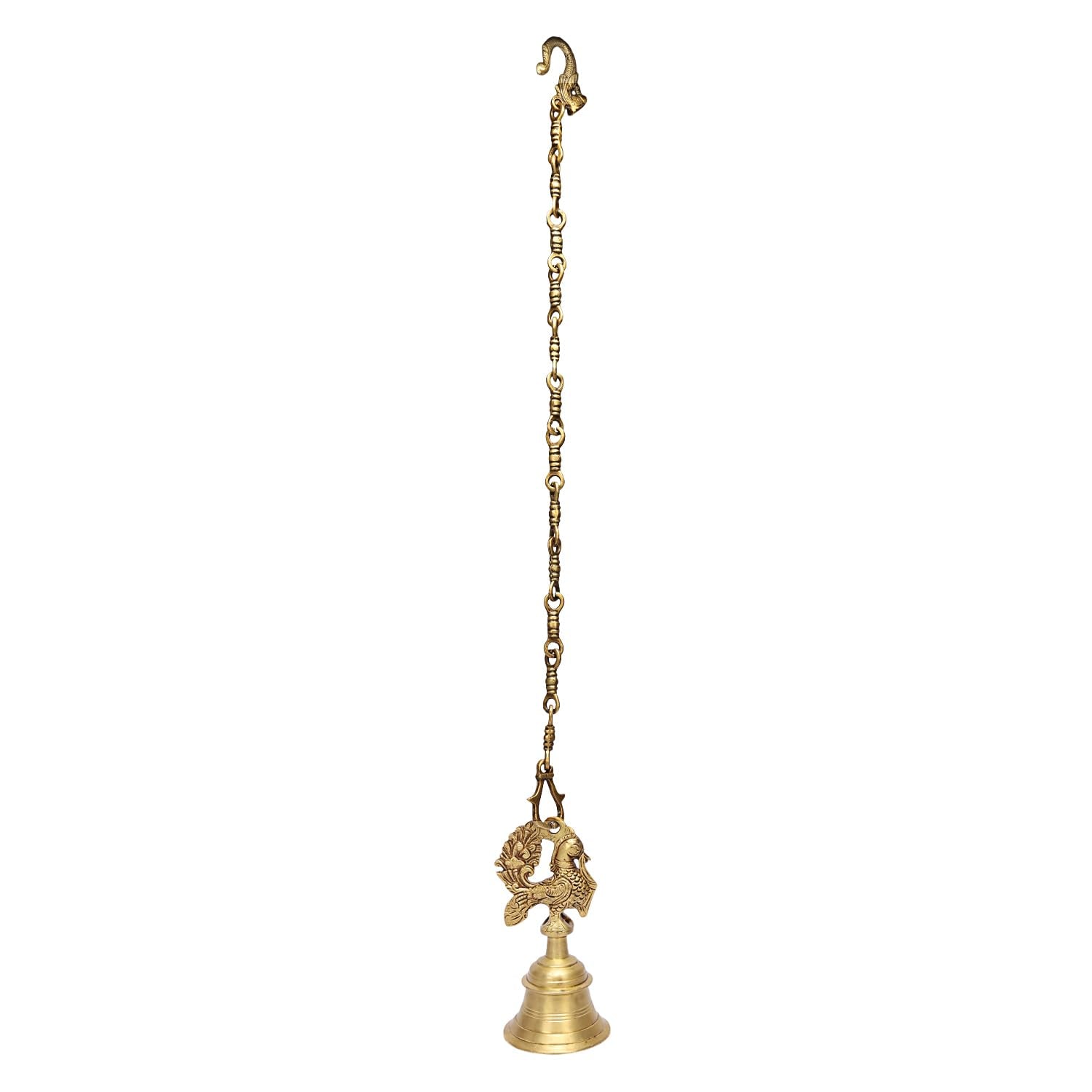 ARTVARKO Pure Brass Peacock Design Hanging Bell with Chain for Home Décor,Temple & Pooja Mandir (3.5x7 Inches with Chain 24 Inch)