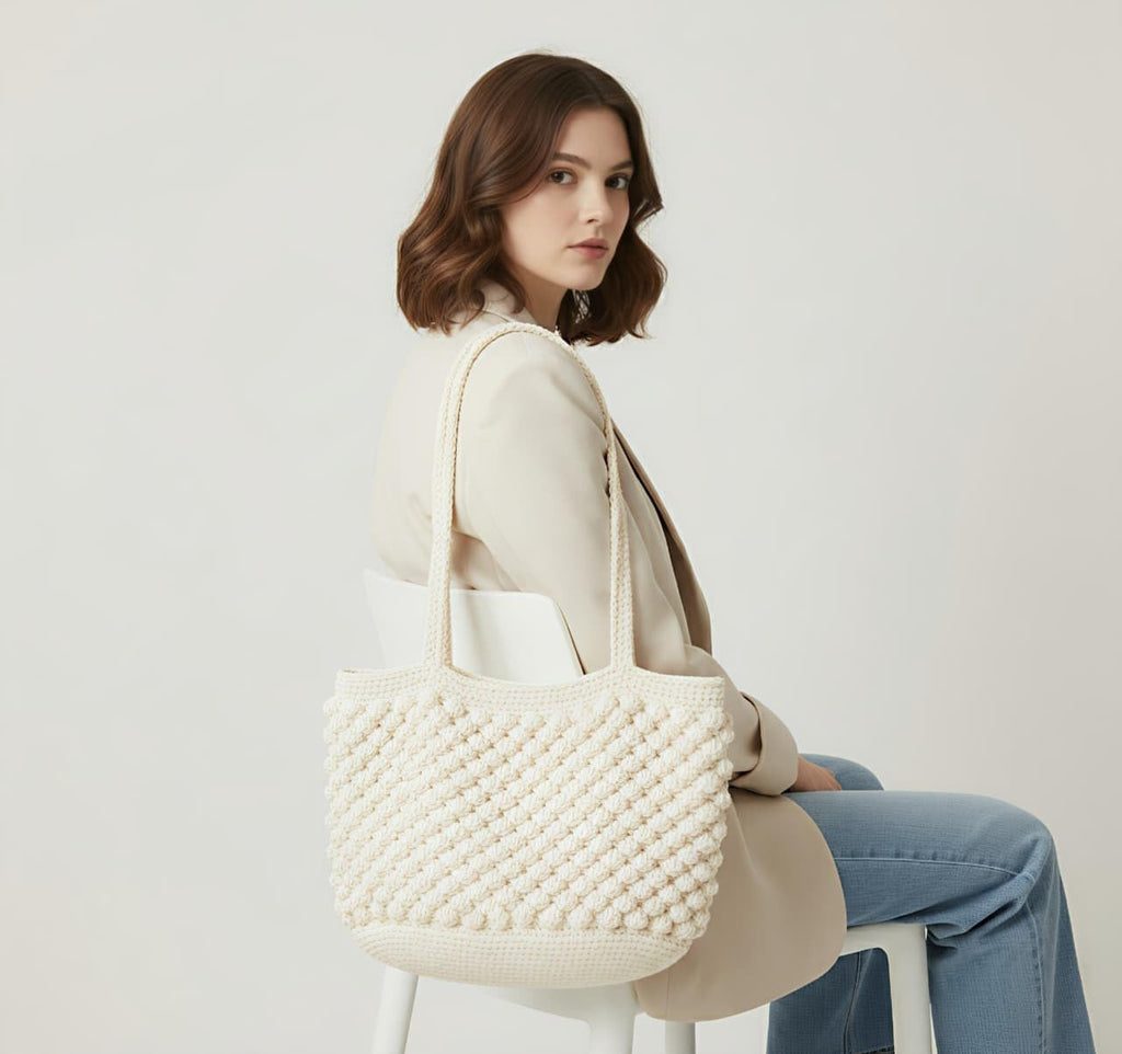 I.F.H CROCHET Crochet Bag Tote crochet purse woman, shopping bag, summer bag beach bag, handbag, shoulder crochet bag colour white