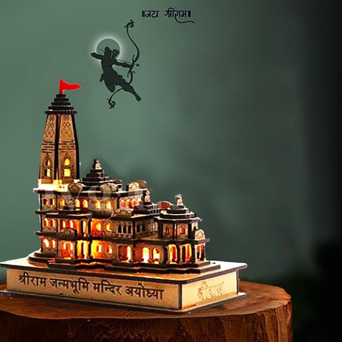 eXme Ram Mandir Ayodhya 3D Model | Handcrafted Wooden Ram Mandir with Light | Perfect for Home Decor, Spiritual Altars, Religious Gifts, Car Dashboard (with Light)