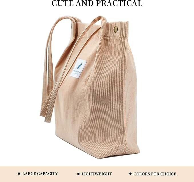 Lyrovo Women Corduroy Shoulder Tote Bag for Work Beach Travel and Shopping Grocery (Beige)