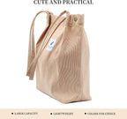 Lyrovo Women Corduroy Shoulder Tote Bag for Work Beach Travel and Shopping Grocery (Beige)