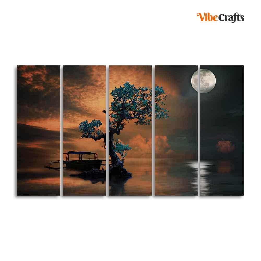 VIBECRAFTS Amazing Tree under The Moon Premium Wall Painting of Five Pieces For Home|Office|Living Room|Gift (PTVC5Pcs4_8715)