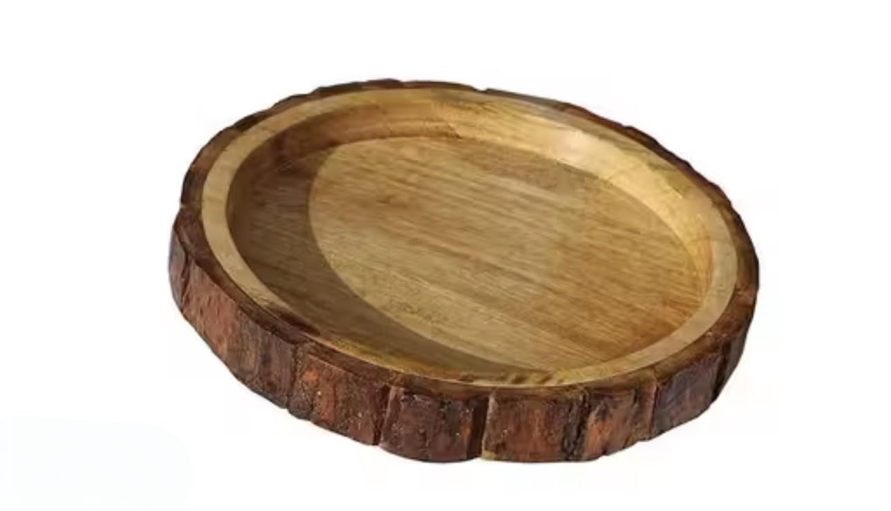 JP WOOD CRAFT Handcrafted Wooden Serving Tray | Round Table Décor Platter | Premium Rustic Wooden Tray for Dining, Home, and Kitchen.