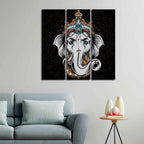 VIBECRAFTS 3 Pieces Beautiful Ganesha Head Canvas Wall Painting Fitted With Wooden Frame For Home | Office | Living Room | Gifts (PTVC3Pcs1_9581)