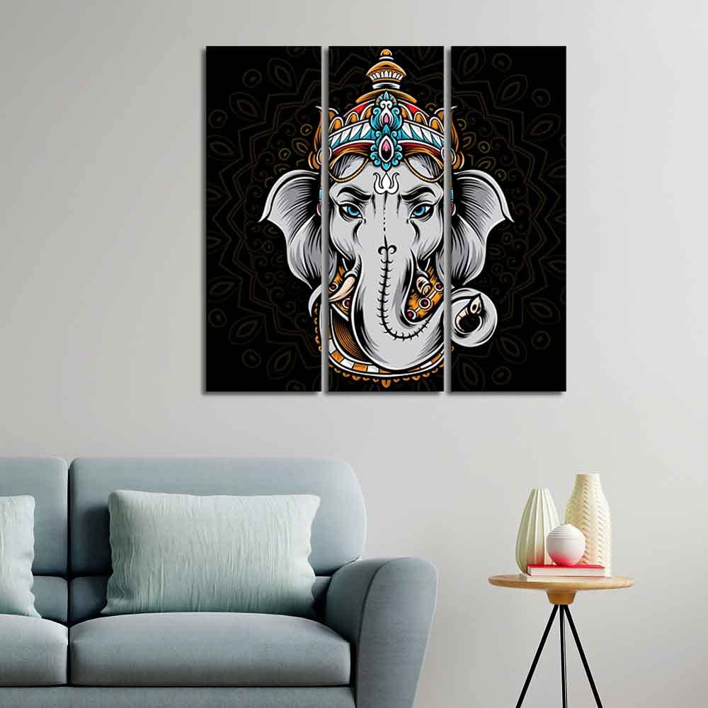 VIBECRAFTS 3 Pieces Beautiful Ganesha Head Canvas Wall Painting Fitted With Wooden Frame For Home | Office | Living Room | Gifts (PTVC3Pcs1_9581)