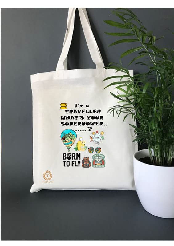 TAJNAN Reusable Tote Bags - 100% Organic Cotton Grocery Bag - Eco-Friendly, Multi-Purpose - Sturdy Canvas Bag with 15kgs Capacity - Multiple Stylish Designs (Pack of 1 - Traveller)