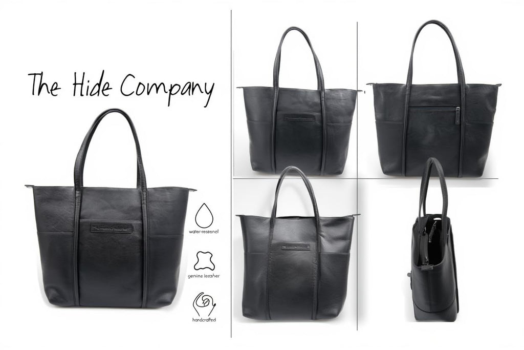 The Hide Company Women’s Genuine Leather Shopper Handbag | Oversized Black Tote Bag | Buff Calf Leather | Zip Closure | Double Handle