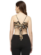 POPWINGS Women Casual Black Golden Printed Satin Scarf Knot Regular Fit Solid Crop Top