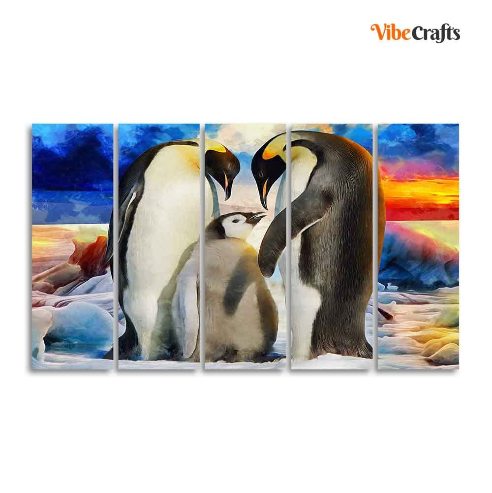 VIBECRAFTS Animal Wall Painting of Penguins Set of Five Pieces For Home|Office|Living Room|Gift (PTVC5Pcs4_8703)