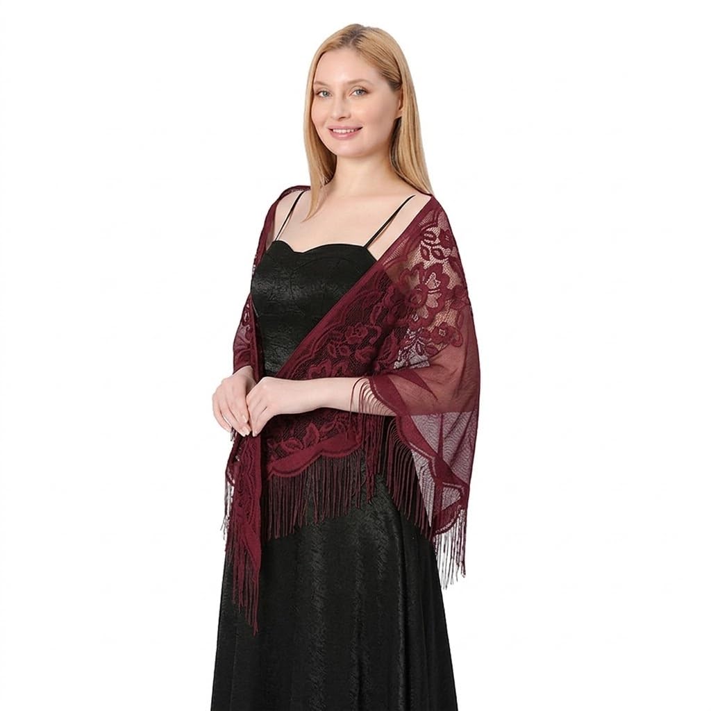 Alexvyan Floral Design Triangle Lace Stole and Wraps for Evening Dresses with Tassels for Evening Party Mesh Wedding Shawls for Summer (Wine Red)