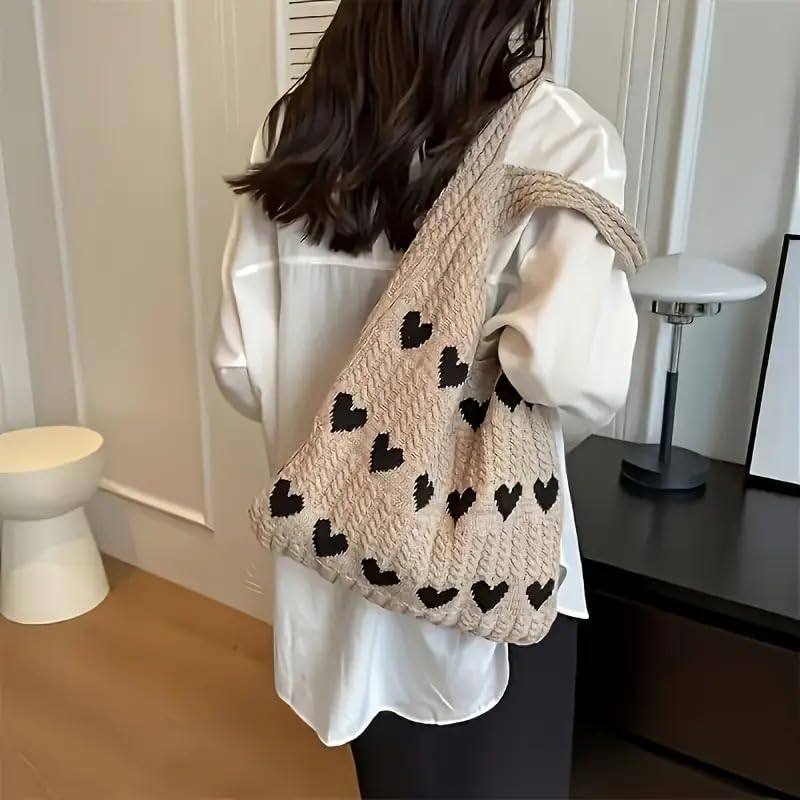 Street27® Korean Crochet Tote Bag Casual Work Love Hobo Shoulder Handbags | Multi-Purpose Bag |Sturdy Aesthetic Tote Bag with Large Capacity | Shopping Bag for Office, College & Daily Use (Khaki)