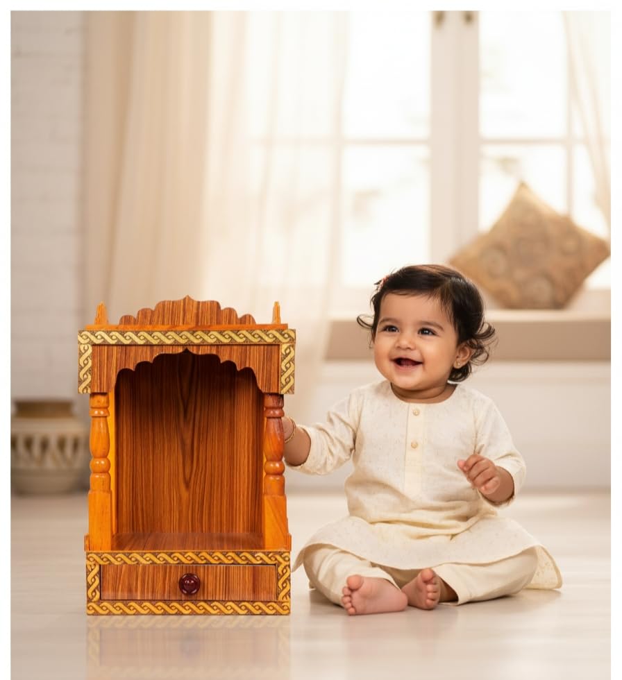 Handcrafted Wooden Mandir with Storage Drawer - Traditional Hindu Temple for Home and Office - Teak Finish Wall-Hanging Puja Shelf with Patterned Borders for Daily Prayer and Festivals.