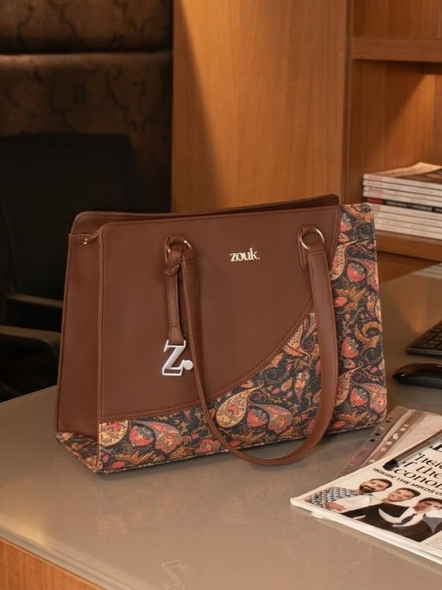 ZOUK Office Essential Bag | Jute | Vegan Leather Handcrafted Tote Bag With Double Handle Shoulder Strap | Paisley Print