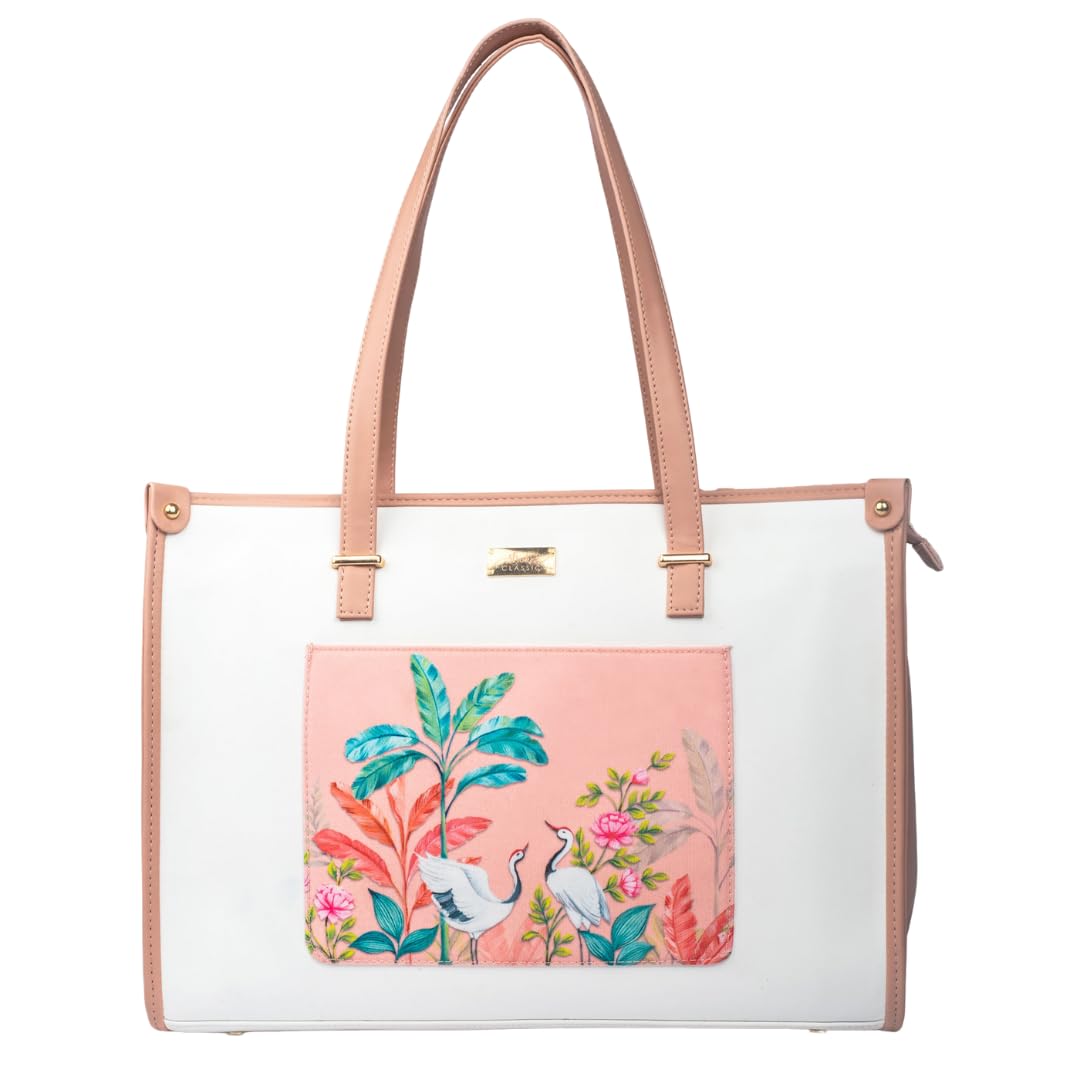 Strokes by Namrata Mehta Box Tote Bag for Women | Fits 16 Laptop | Large Tote Bag For Office Use and Work | Vegan Leather (Peachy Crane Paradise Box Tote bag)