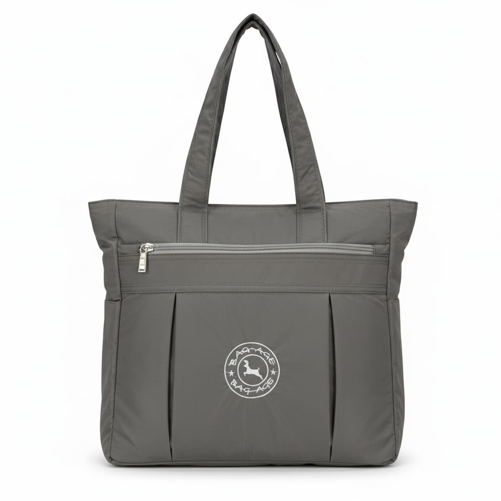 Bag-Age HB53 Large Tote Bag for Girls & Women | Water-Resistant Nylon Handbag with Multiple Compartments, Laptop Work Bag for Office, Travel, Shopping & Daily Use (Grey)