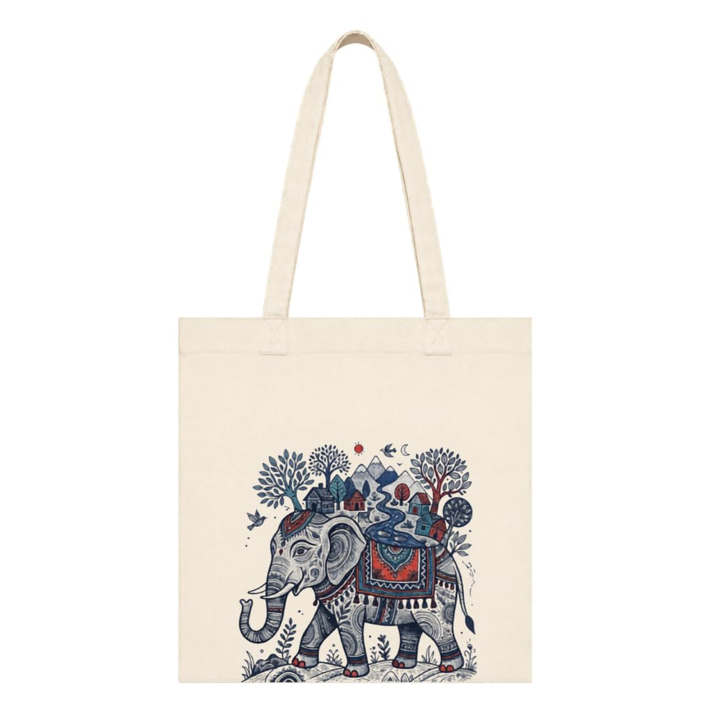 Kai Pai Co Cotton Tote Bag for Women, Indian Folk Art Prints, Casual Daily Use, Reusable Shoulder Bag,14 X 16 Inches - Madhubani, Kalamkari, Return Gifts (Travelling Elephant - Gond Art)