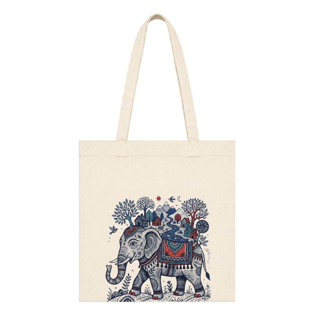 Kai Pai Co Cotton Tote Bag for Women, Indian Folk Art Prints, Casual Daily Use, Reusable Shoulder Bag,14 X 16 Inches - Madhubani, Kalamkari, Return Gifts (Travelling Elephant - Gond Art)