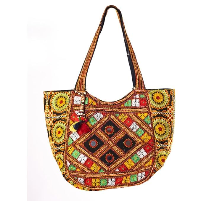 PREET GALLERY Handmade Cotton Patchwork Tote Bag, Multicolour, Double Handle|Women's Shoulder Bag, Pure Cotton Tote Bag, Handmade Patchwork Design (Black Ethnic Multicolor)