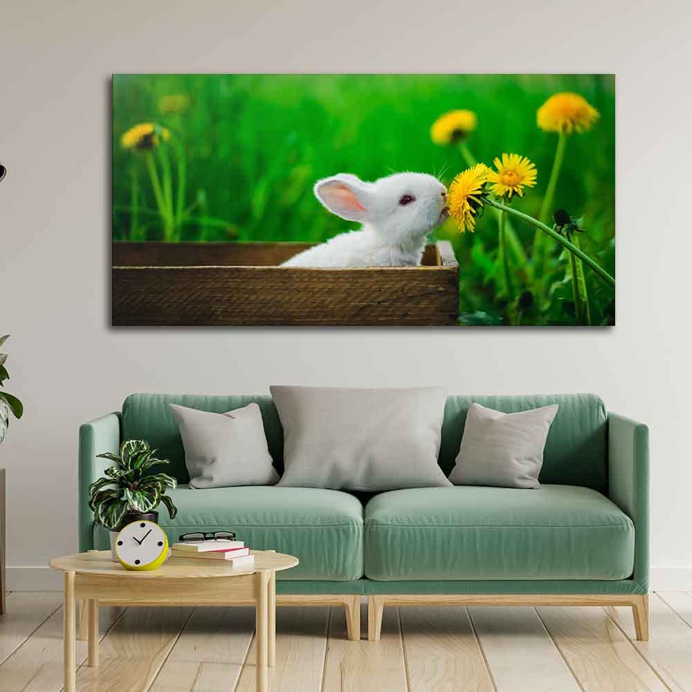 VIBECRAFTS Canvas Paintings for Living Room Drawing Room White Bunny In Yellow Flowers Garden Canvas Wall Painting Wall Painting Fitted with Wooden Frame for Home | Office | Gift (PTVCH_2317)