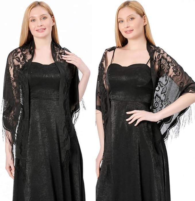 Alexvyan Floral Design Triangle Lace Stole and Wraps for Evening Dresses with Tassels for Evening Party Mesh Wedding Shawls for Summer